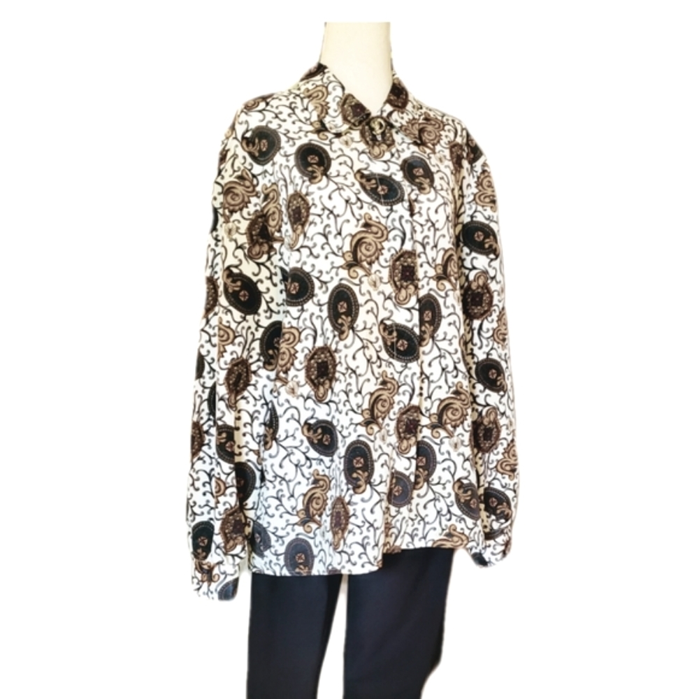 VINTAGE BLOUSE SHIRT LONG SLEEVE SZ 14 GOLD BEIGE BROWN GREEN RED BRASS BUTTONS